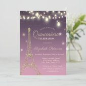 Goldener Eiffelturm, Burgund Quinceañera, Glitzer Einladung (Stehend Vorderseite)