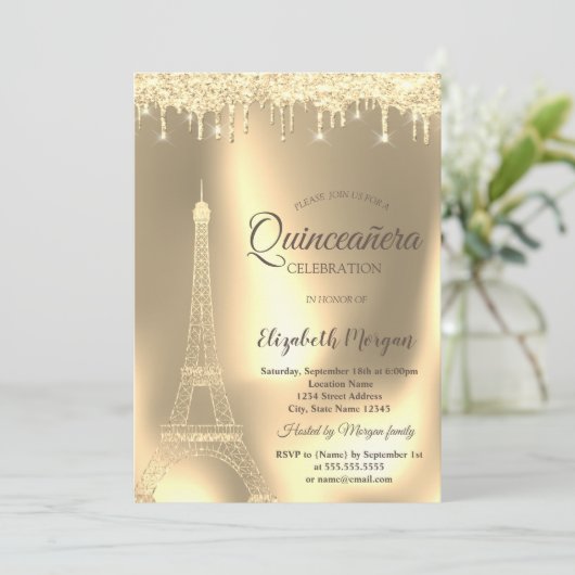 Goldener Eiffelturm, Chic Tropfen Quinceañera Einladung (Stehend Vorderseite)
