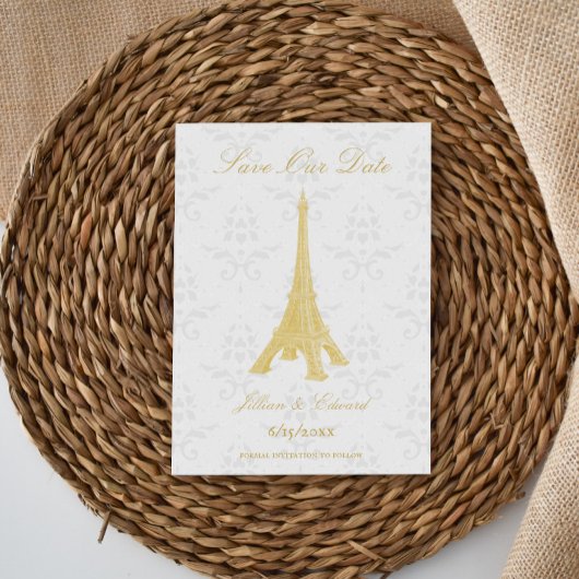 Goldener Eiffelturm Damask Save the Date Ankündigung