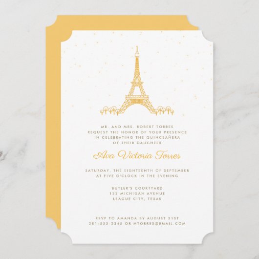 Goldener Eiffelturm unter den Sternen Quinceañera Einladung (Vorne/Hinten)
