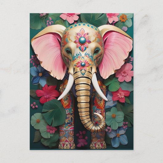 goldener Elefant mit bunten Blumen Postkarte (Vorderseite)