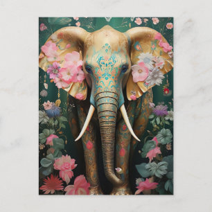 goldener Elefant mit bunten Blumen Postkarte