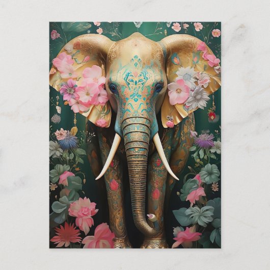 goldener Elefant mit bunten Blumen Postkarte (Vorderseite)