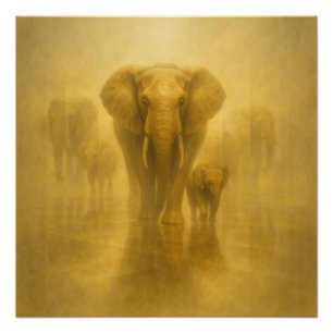 Goldener Elefant und Kalb in einem nebligen Spiege Poster