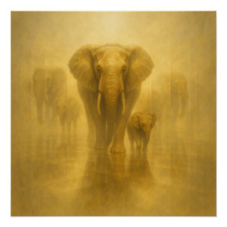 Goldener Elefant und Kalb in einem nebligen Spiege Poster
