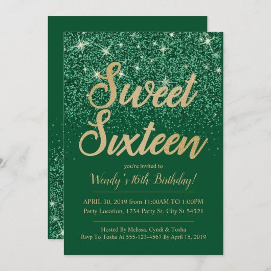 Goldener Emerald Sweet 16 Einladungen zum Geburtst (Vorne/Hinten)
