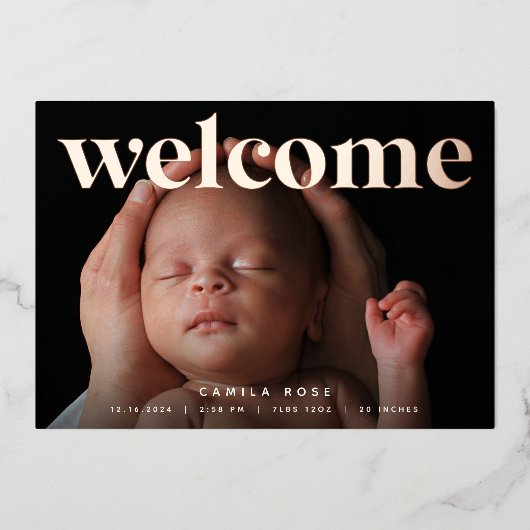 Goldener Empfang | Rose Gold Foil Geburtserklärung Folieneinladung (Vorderseite)