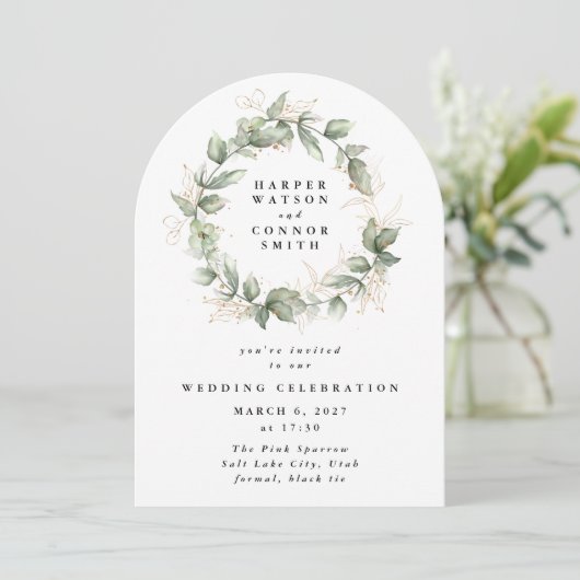 Goldener Eukalyptus-Wreath-Grüner Moss-Sage-Arch Einladung (Stehend Vorderseite)