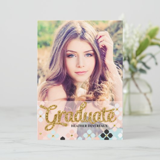 Goldener Fake-Glitzer-älterer Foto-Abschluss Einladung (Stehend Vorderseite)