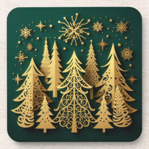 Goldener Ferienwald – Weihnachtsbaum-Muster Getränkeuntersetzer