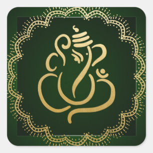 Goldener festlicher Ganesha   Indischer Gott Grün Quadratischer Aufkleber