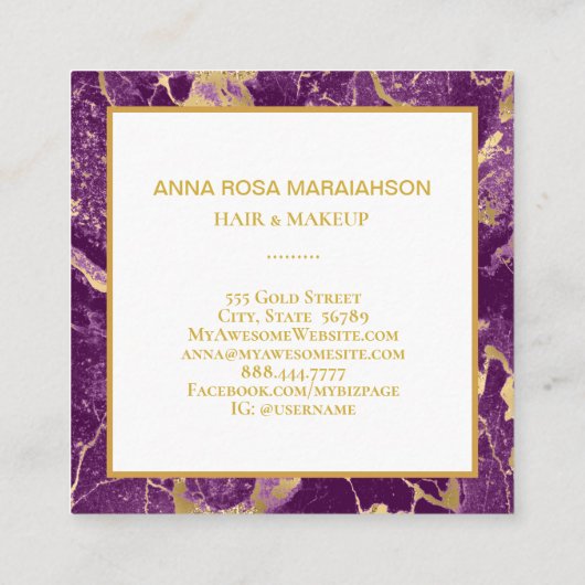 *~* Goldener Foil Glam Lila Marmor Moderne Chic Gi Quadratische Visitenkarte (Rückseite)
