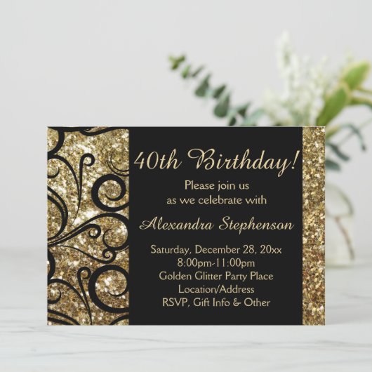 Goldener Funkelnd Swirl 40. Geburtstag Einladung (Stehend Vorderseite)