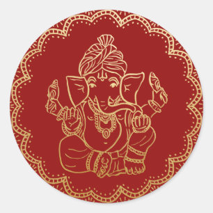 Goldener Ganesha   Indischer Gott rote Hochzeit Runder Aufkleber