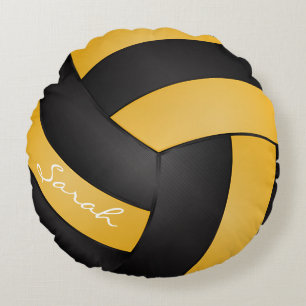 Goldener gelber und schwarzer Volleyball   Rundes Kissen