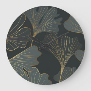 Goldener Ginkgo: Luxuriöse Floral-Dekoration. Große Wanduhr