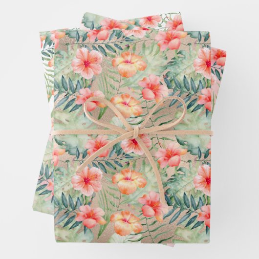 Goldener Glam Tropischer Pink Pfirsichpfirsich Hib Geschenkpapier Set (Beispiel)