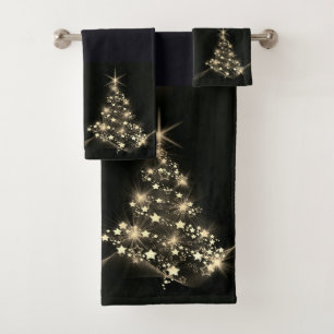 Goldener Glanz der Sterne auf dunklem Weihnachtsba Badhandtuch Set
