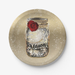 Goldener Glanz Glamour Rote Rose Mason Glas Party Pappteller