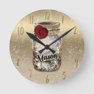 Goldener Glanz Glamour Rote Rose Mason Glas Runde Wanduhr