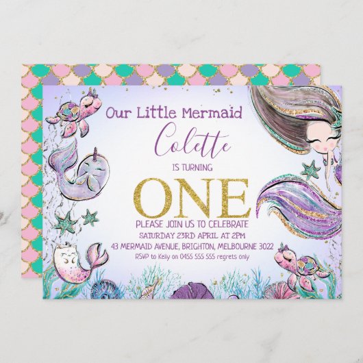 Goldener Glitzer 1 Meerjungfrau Einladung zum 1. G (Vorne/Hinten)