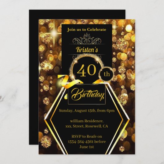 Goldener Glitzer 40. Geburtstag Einladung (Vorne/Hinten)