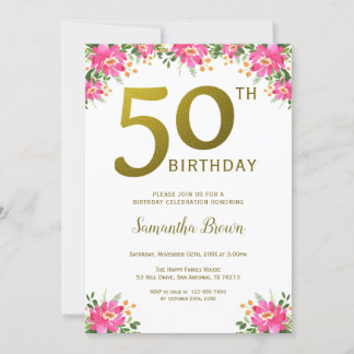 Goldener Glitzer 50. Geburtstag Rosa Blume Einladung