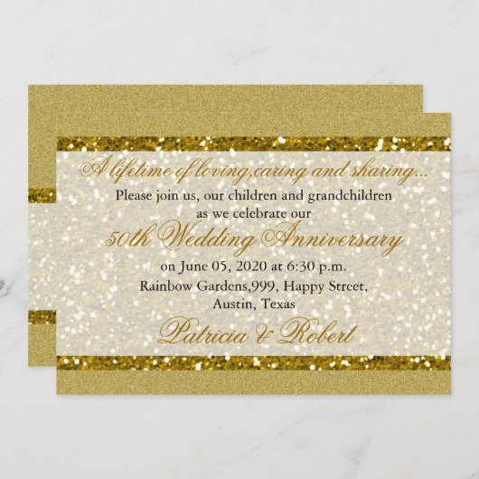 Goldener Glitzer 50. Hochzeitstag Einladung (Vorne/Hinten)
