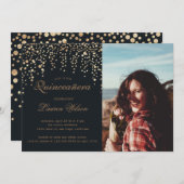 Goldener Glitzer auf schwarzem Quinceanera Foto Ei Einladung (Vorne/Hinten)