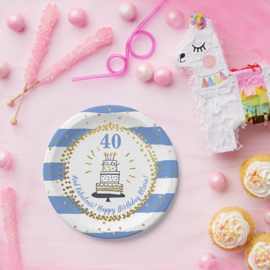 Goldener Glitzer Blauer Streifen jedes Alters glüc Pappteller (Party)