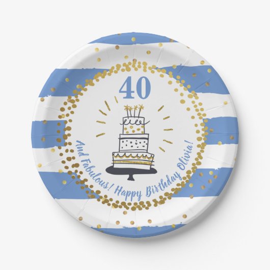 Goldener Glitzer Blauer Streifen jedes Alters glüc Pappteller (Vorderseite)