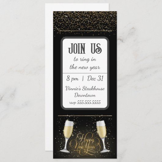 Goldener Glitzer Champagner-Glass - Einladung zum (Vorne/Hinten)