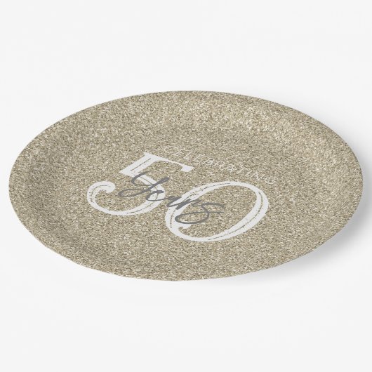 Goldener Glitzer Elegant 50 Jahre Goldenes Jubiläu Pappteller (Schrägansicht)