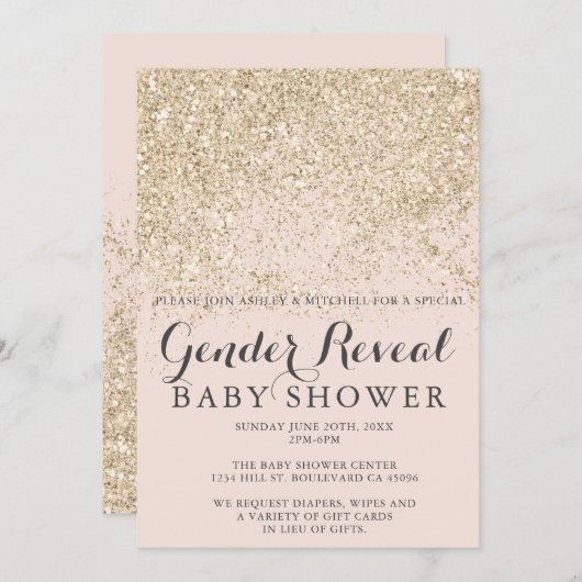 Goldener Glitzer Erröten Rosa Geschlecht offenbart Einladung (Vorne/Hinten)