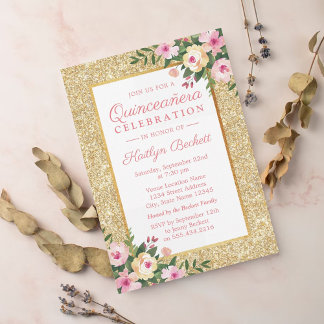 Goldener Glitzer Floral Quinceañera 15. Geburtstag Einladung