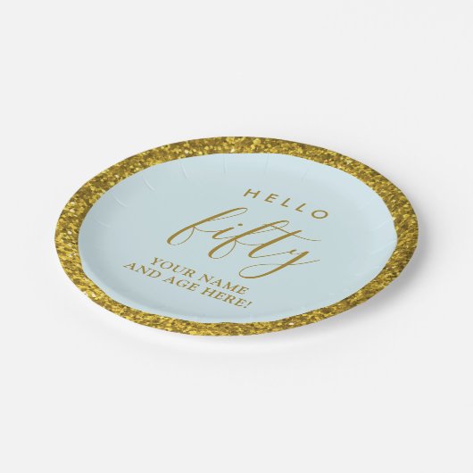 Goldener Glitzer Fünfzigjähriger Hallo 50 Party Pappteller (Schrägansicht)