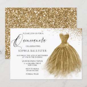 Goldener Glitzer Goldenes Kleid Quinceanera Einladung