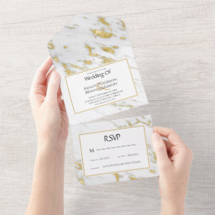 Goldener Glitzer Hochzeitsempfang aus weißem Marmo All In One Einladung