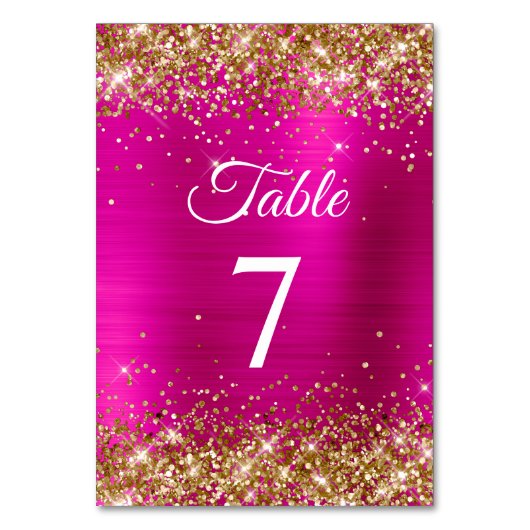 Goldener Glitzer Hot Pink Foil Tischnummer (Vorderseite)