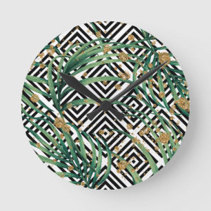 Goldener Glitzer in tropischer Schwarz-Weiß-Geomet Runde Wanduhr