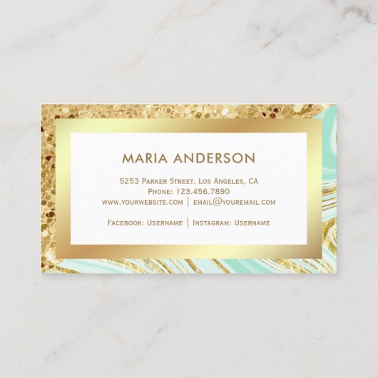 Goldener Glitzer Minze Grüne Marmor Makeup Artist Visitenkarte (Rückseite)