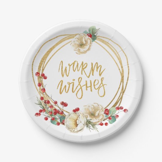 Goldener Glitzer mit Magnolien und Berries Pappteller (Vorderseite)