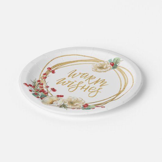 Goldener Glitzer mit Magnolien und Berries Pappteller (Schrägansicht)
