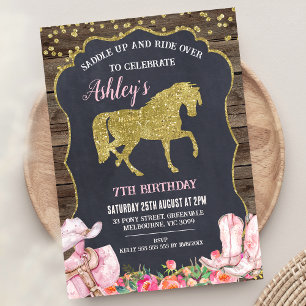 Goldener Glitzer Pferderattel bis Geburtstag Einla Einladung