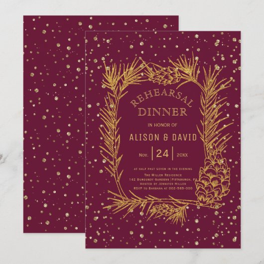 Goldener Glitzer Pine burgundy Probe Dinner Einladung (Vorne/Hinten)