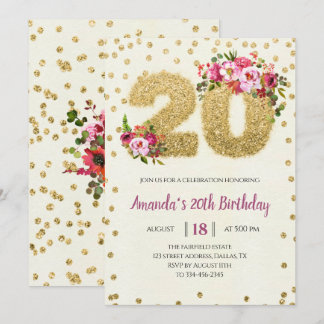 Goldener Glitzer Rosa 20. Geburtstagsfeier Einladu Einladung