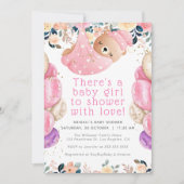 Goldener Glitzer Rosa Bläserbär Girl Babydusche Einladung (Vorderseite)