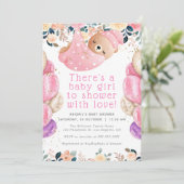 Goldener Glitzer Rosa Bläserbär Girl Babydusche Einladung (Stehend Vorderseite)