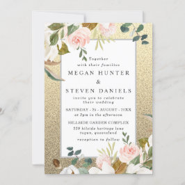 Goldener Glitzer Rosa Blütenweiße Blüte Elegante H Einladung