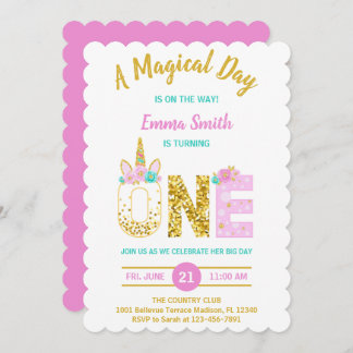 Goldener Glitzer Rosa Einhorn 1. Geburtstag Einlad Einladung